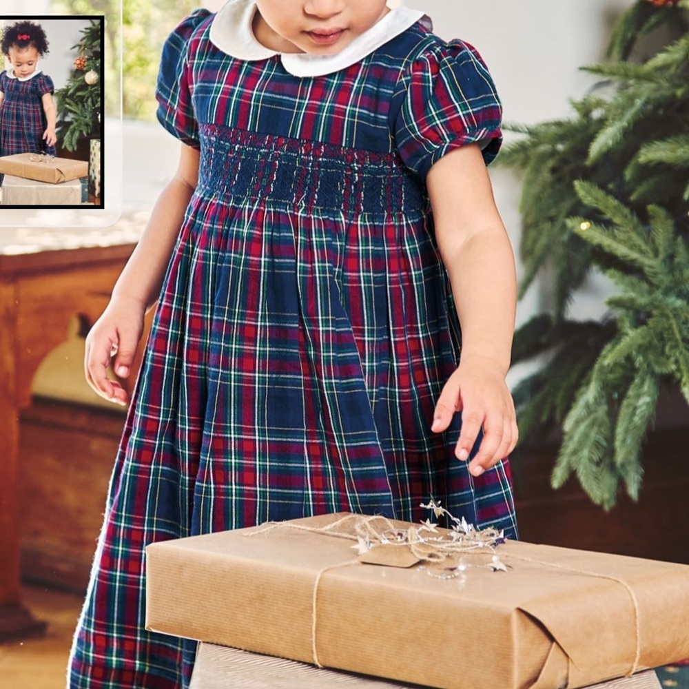 JoJo Maman Bébé Navy Smocked Tartan Party Dress red and blue plaid 4T 5T - Picture 8 of 8